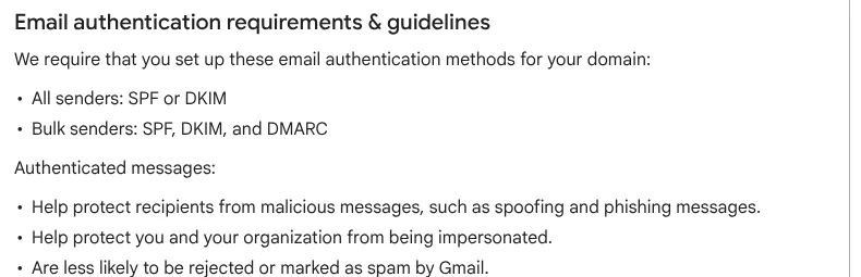 Gmail sender guidelines for email marketing: SPF, DKIM and DMARC authentication requirements