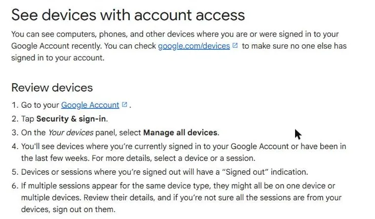 Google Account Help page explaining how to see devices with account access and sign out of unknown devices