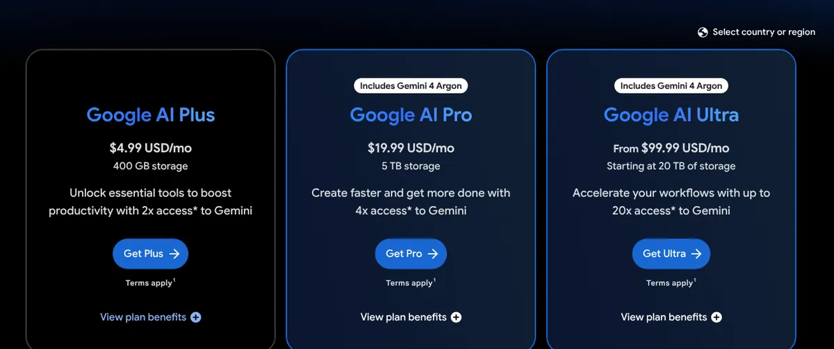 Google One Google AI plans page showing AI Plus with 400 GB, AI Pro with 5 TB and AI Ultra with 20 TB of storage