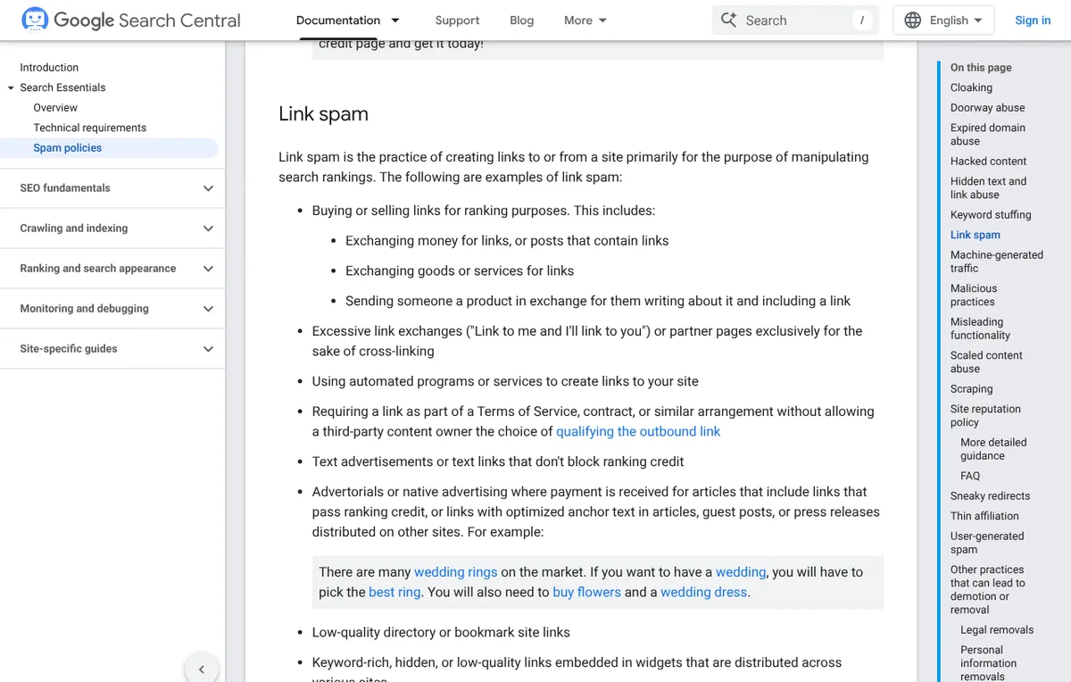 Google spam policies page defining link spam, including buying or selling links for ranking purposes