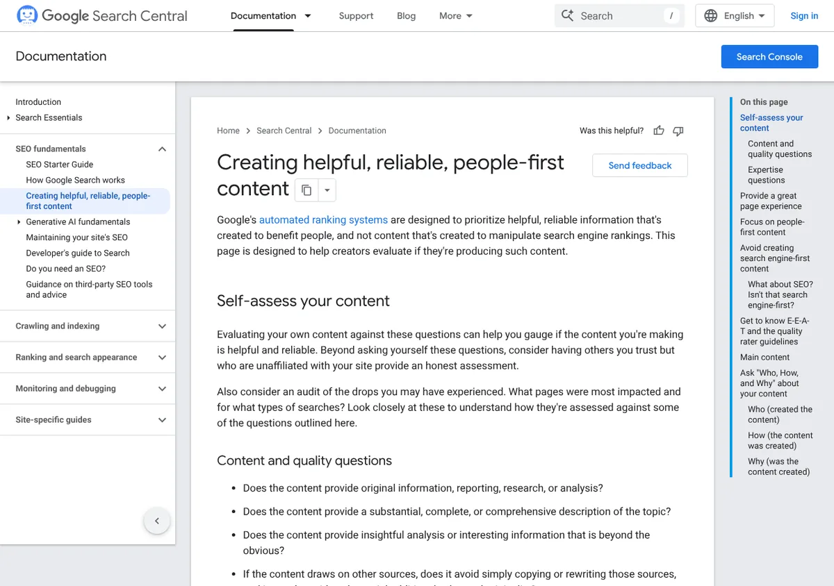 Google Search Central guidance on creating helpful, reliable, people-first content with self-assessment questions