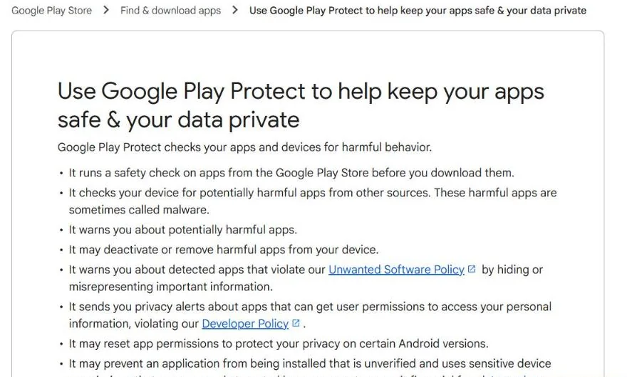 Google Play Protect help page explaining how it checks Android apps and warns about harmful apps