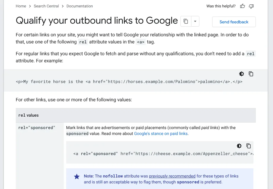Google Search Central guidance on rel sponsored for affiliate marketing links