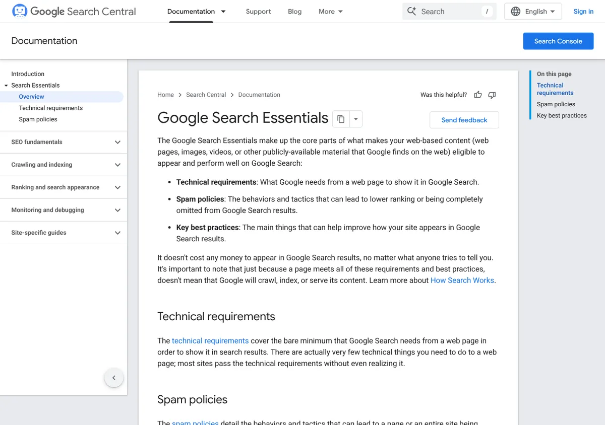 Google Search Essentials page listing technical requirements, spam policies and key best practices for SEO