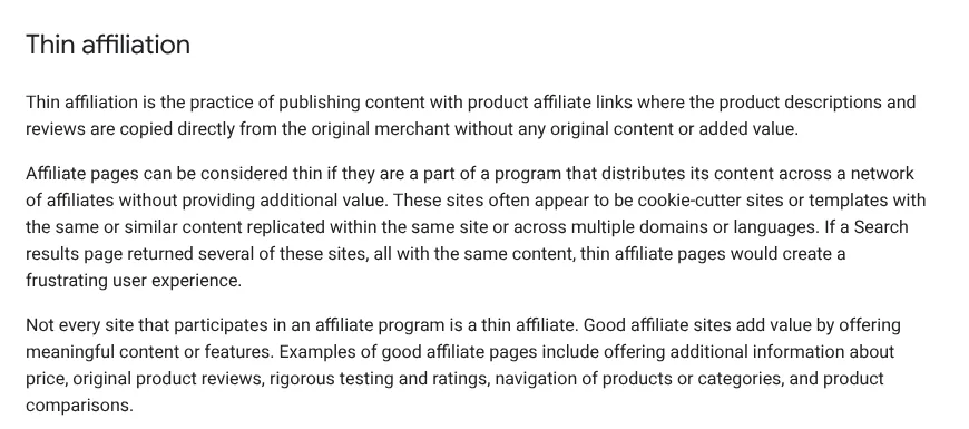 Google spam policy on thin affiliation and what good affiliate pages include