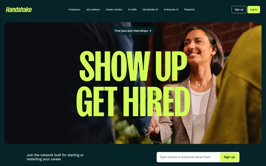 Handshake home page for finding jobs and internships for students and recent graduates