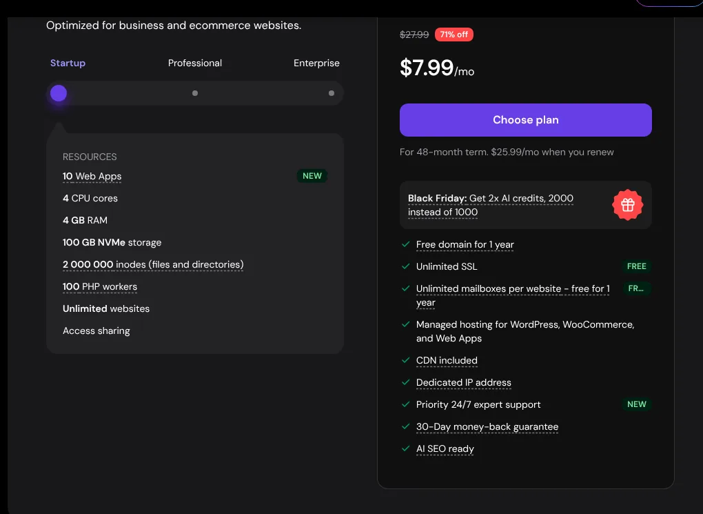 Hostinger Cloud Startup plan with 4 CPU cores, 4 GB RAM and 100 GB NVMe storage at 7.99 dollars a month