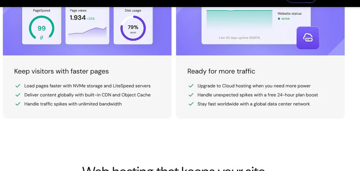 Hostinger web hosting page listing NVMe storage, LiteSpeed servers, built-in CDN and global data centers