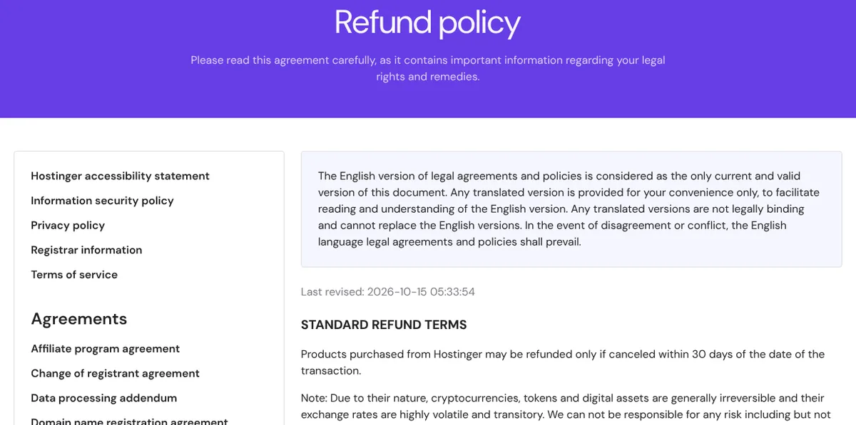 Hostinger refund policy page stating products may be refunded only if canceled within 30 days
