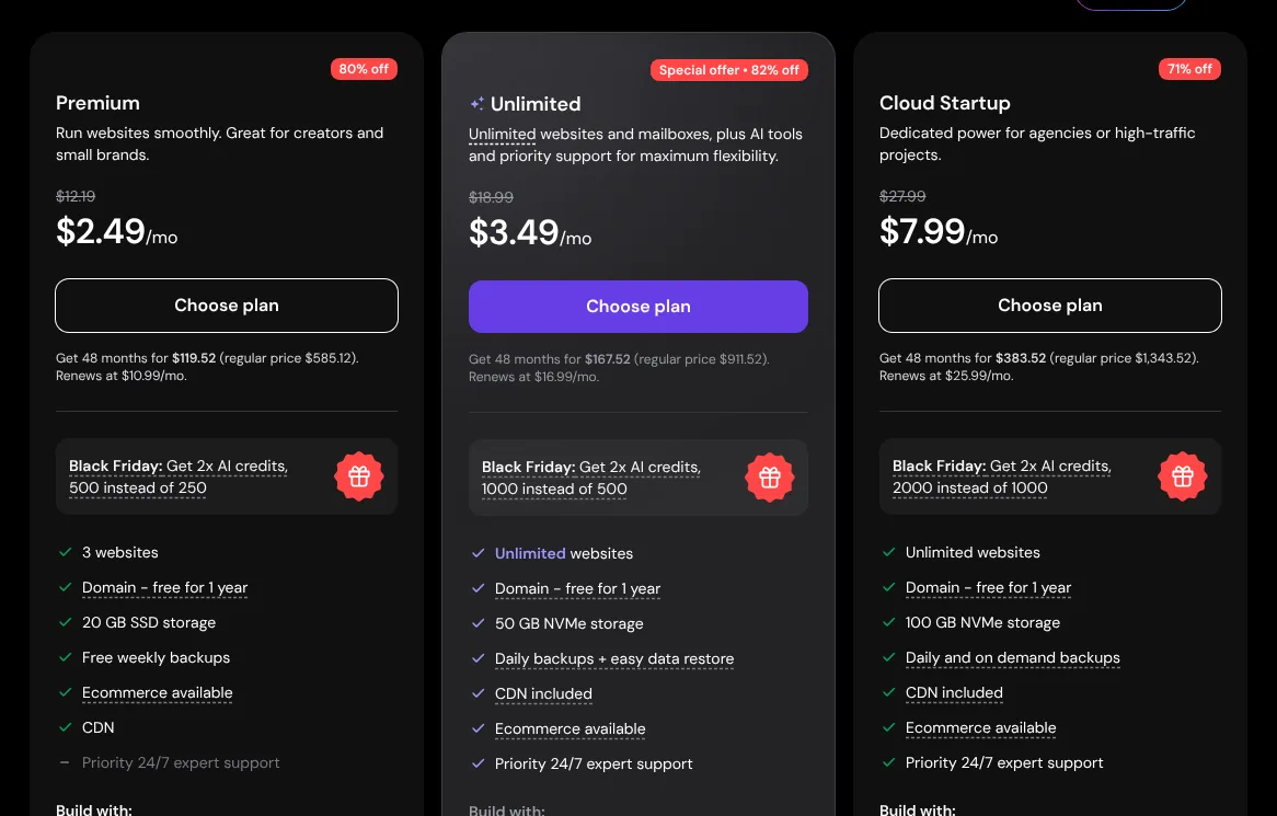 Hostinger review: web hosting plans page showing Premium at 2.49 dollars, Unlimited at 3.49 dollars and Cloud Startup at 7.99 dollars a month