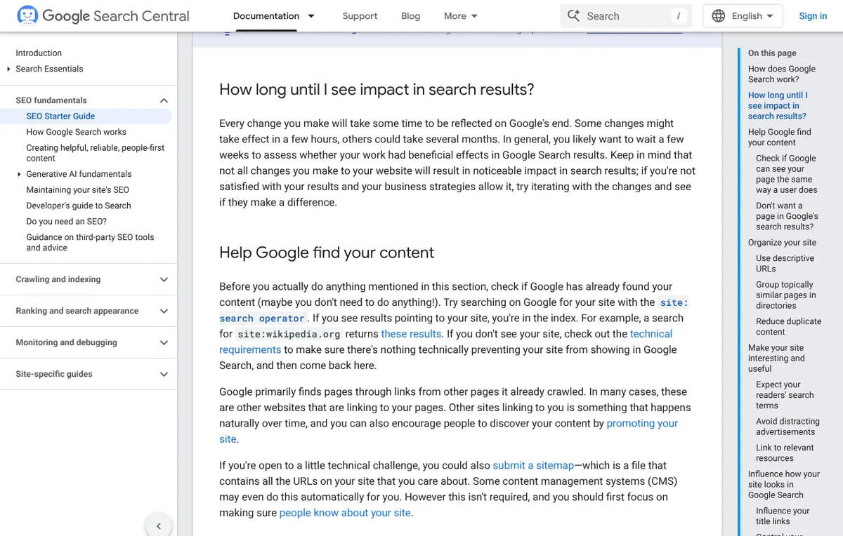 Google SEO Starter Guide section answering how long until you see impact in search results