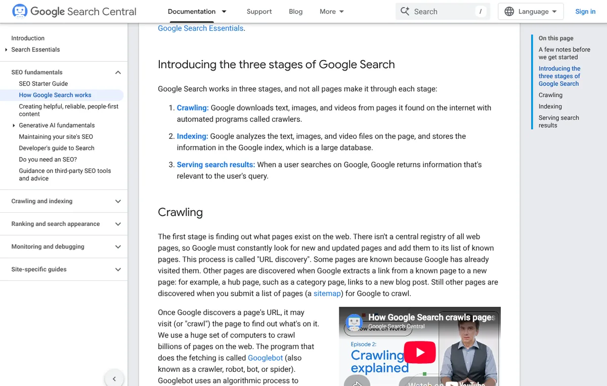 Google Search Central page introducing the three stages of Google Search: crawling, indexing and serving