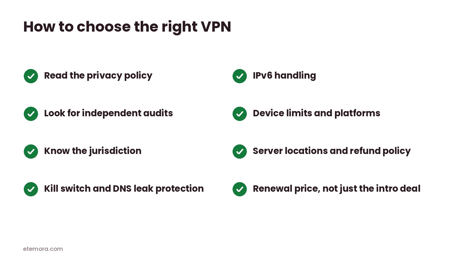 Checklist for choosing a VPN: privacy policy, audits, jurisdiction, kill switch, IPv6, devices, refund, renewal price