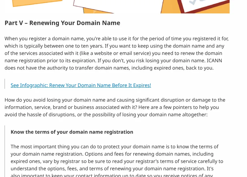 ICANN guidance on renewing a domain name before it expires
