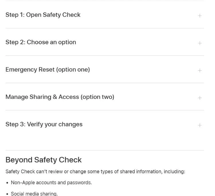 Apple Safety Check for iPhone with Emergency Reset and Manage Sharing and Access options