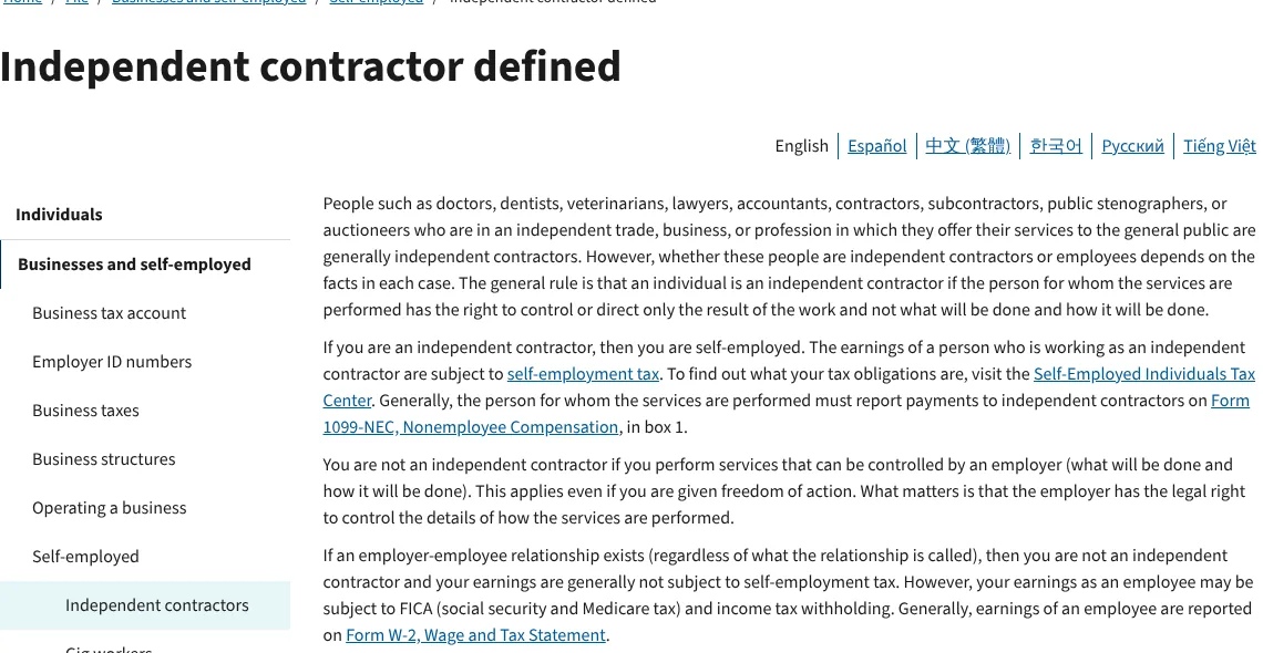 IRS page defining an independent contractor and self-employment for freelancers