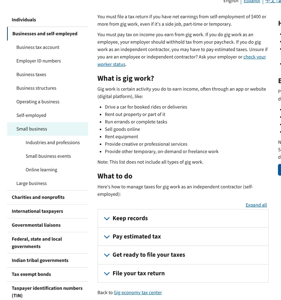 IRS page Manage taxes for your gig work stating you must file if net self-employment earnings are 400 dollars or more