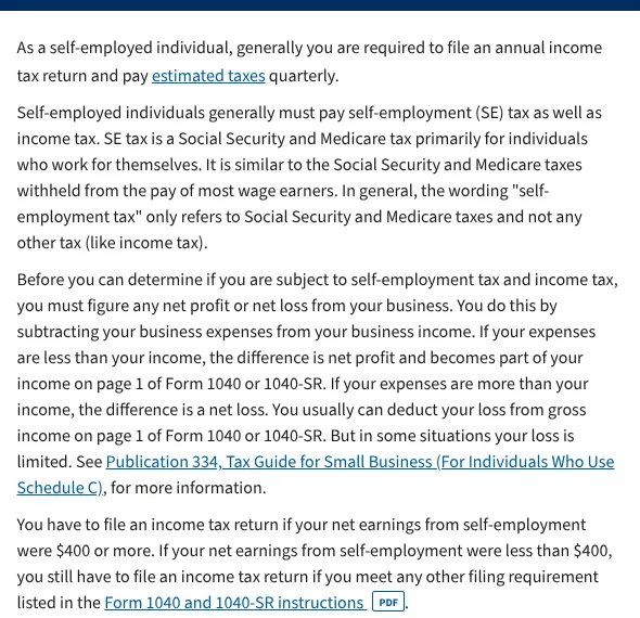 IRS guidance for self-employed freelancers on quarterly estimated taxes and the $400 filing rule