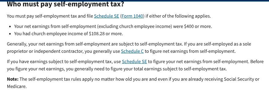 IRS page explaining who must pay self-employment tax when net earnings are $400 or more
