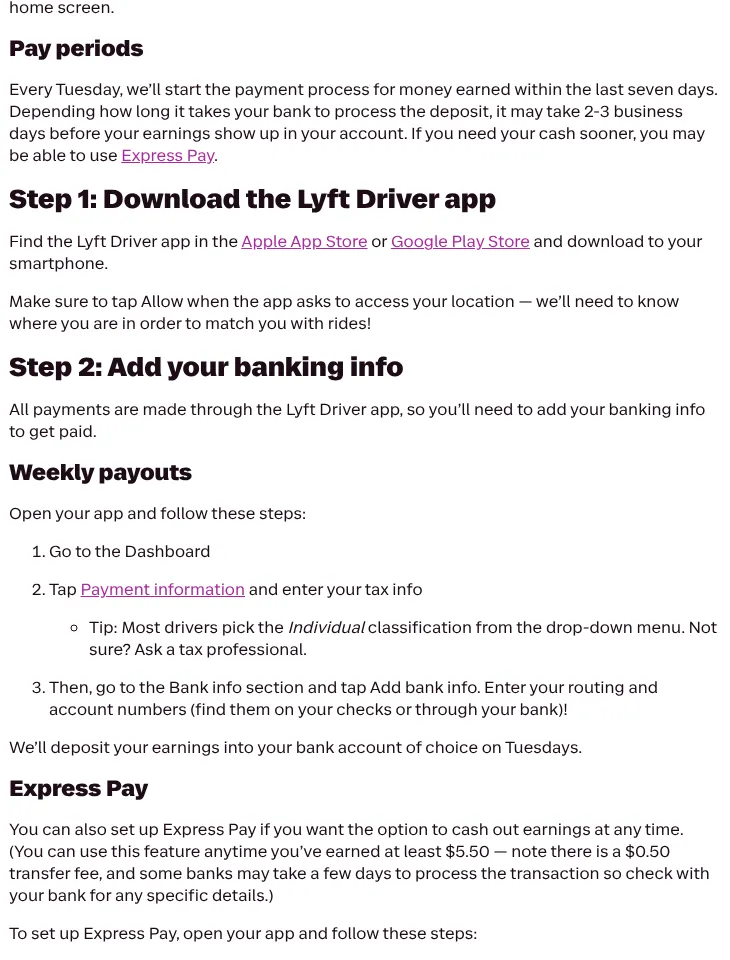 Lyft driver payment guide explaining weekly payouts every Tuesday and Express Pay with a 50 cent transfer fee
