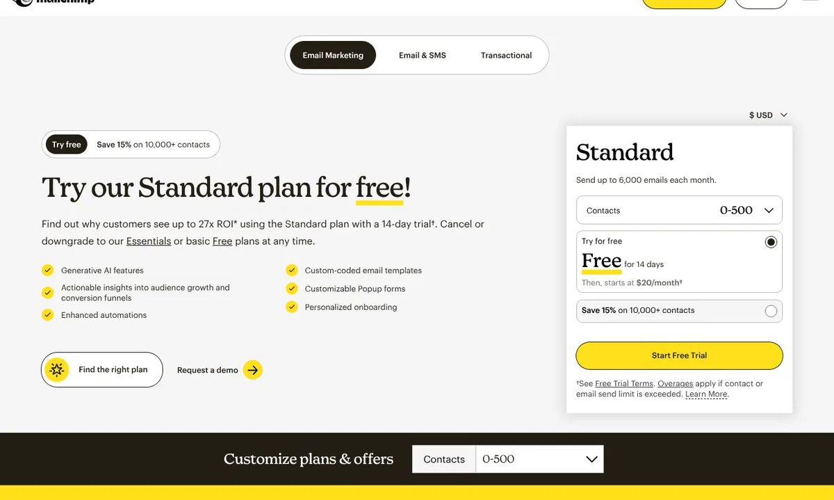 Mailchimp email marketing pricing page with Standard plan free trial