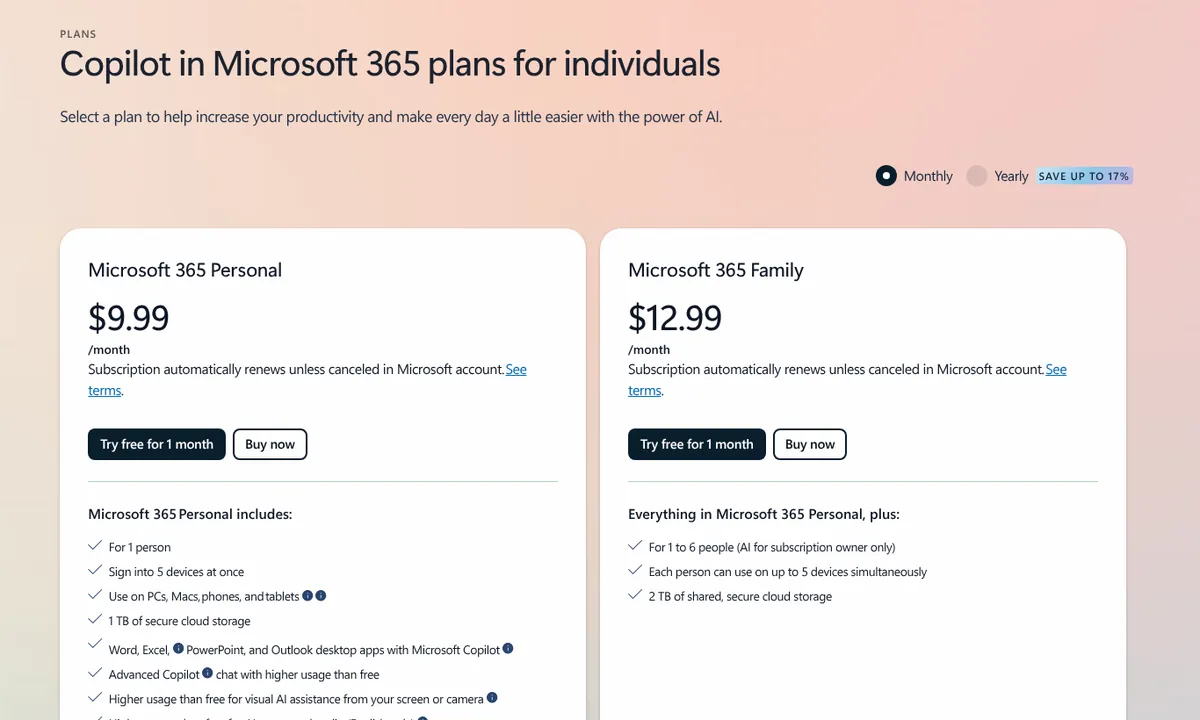 Microsoft Copilot in Microsoft 365 plans for individuals showing Personal and Family monthly prices