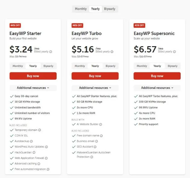 Namecheap EasyWP Starter, Turbo and Supersonic managed WordPress pricing cards