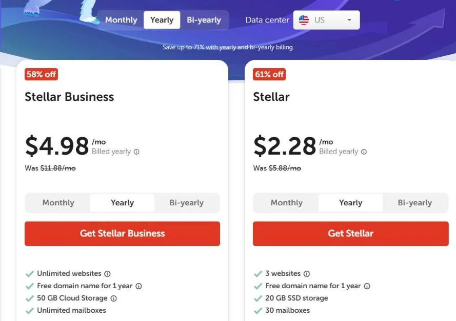 Namecheap Review screenshot of Stellar and Stellar Business shared hosting plans on yearly billing