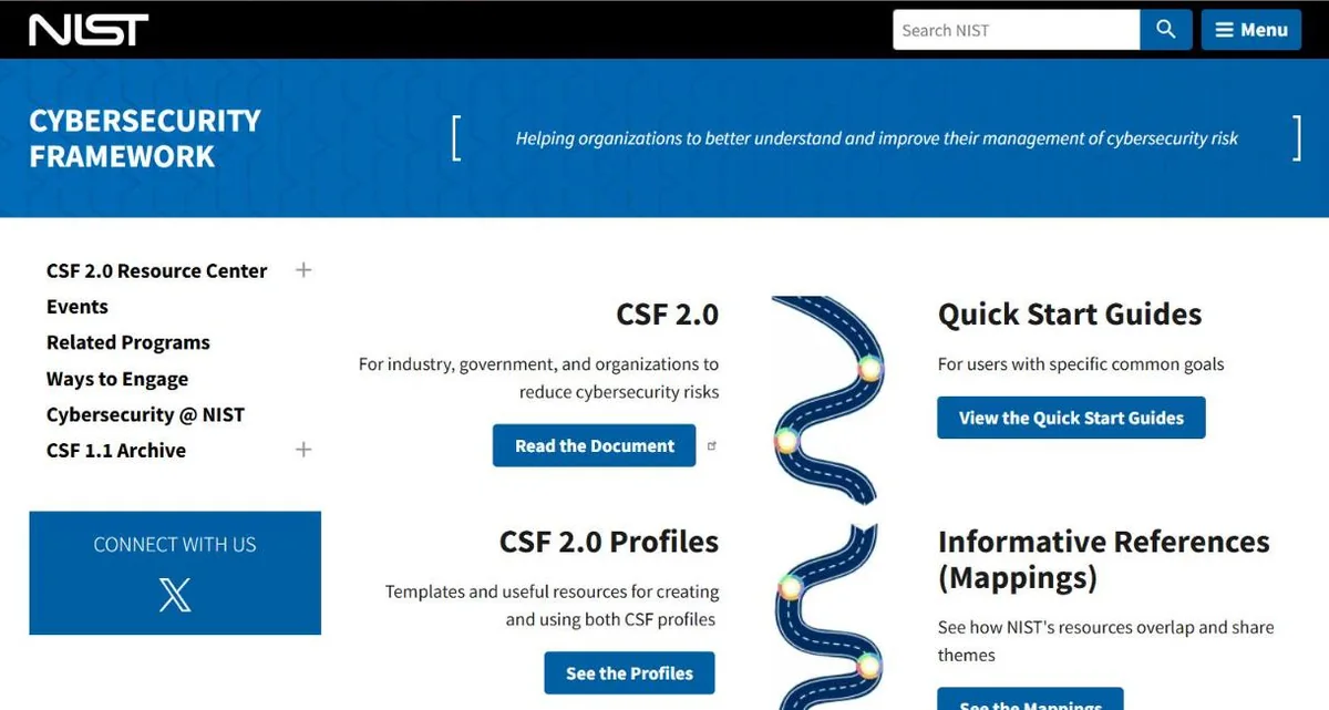 NIST Cybersecurity Framework page with CSF 2.0, Quick Start Guides and profiles