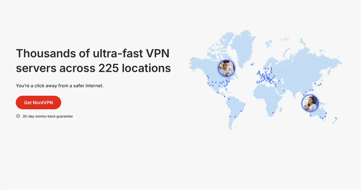 NordVPN server locations page with world map of VPN servers across 225 locations