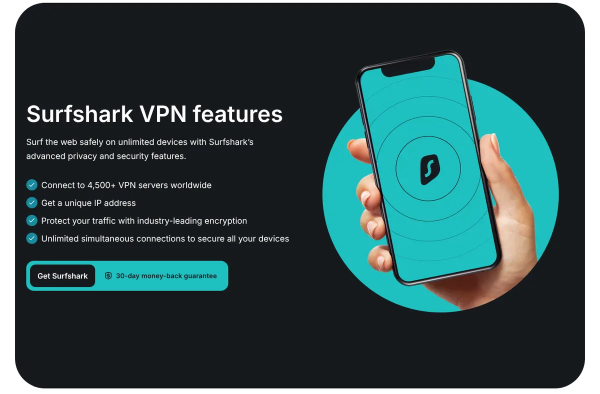 Surfshark VPN features page highlighting 4,500+ servers and unlimited simultaneous connections