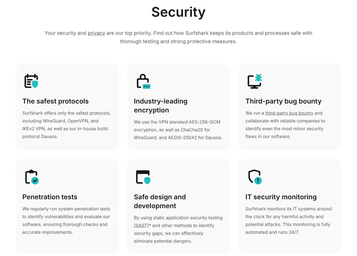 Surfshark trust center security section with protocols, encryption and bug bounty