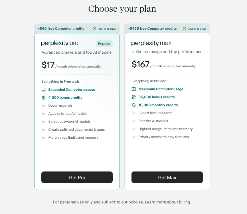 Perplexity pricing showing Pro at 17 dollars and Max at 167 dollars per month billed annually