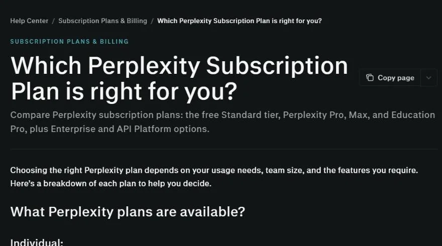 Perplexity Help Center comparing Standard free, Pro, Max, Education Pro and Enterprise plans