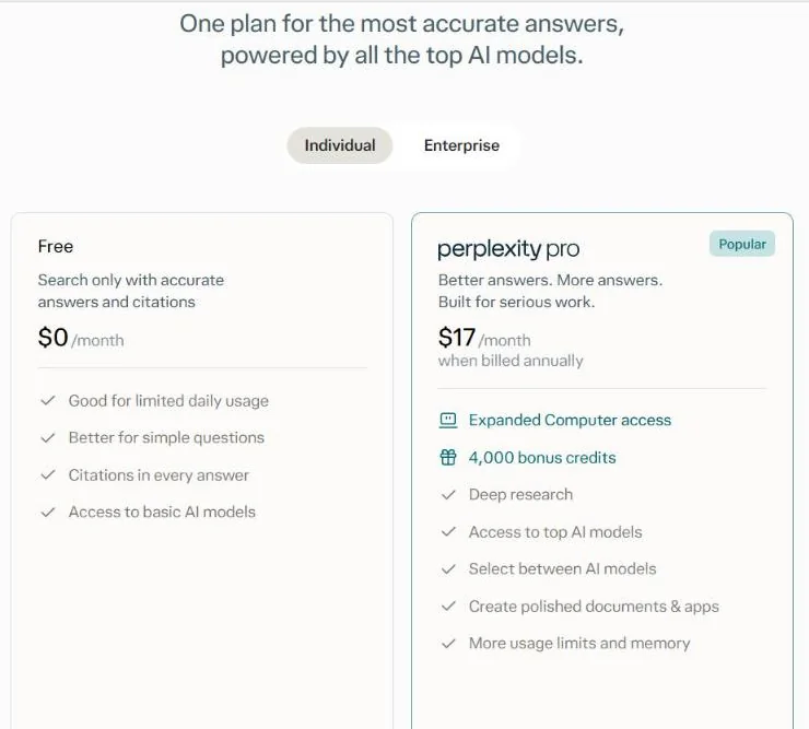Perplexity pricing page showing the Free plan at $0 and Perplexity Pro at $17 per month billed annually