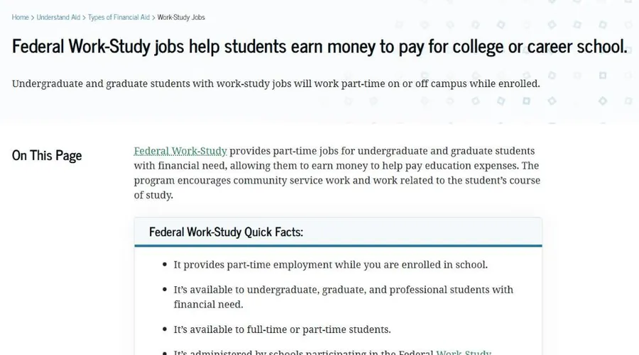 Federal Student Aid page explaining Federal Work-Study part-time jobs for students with financial need