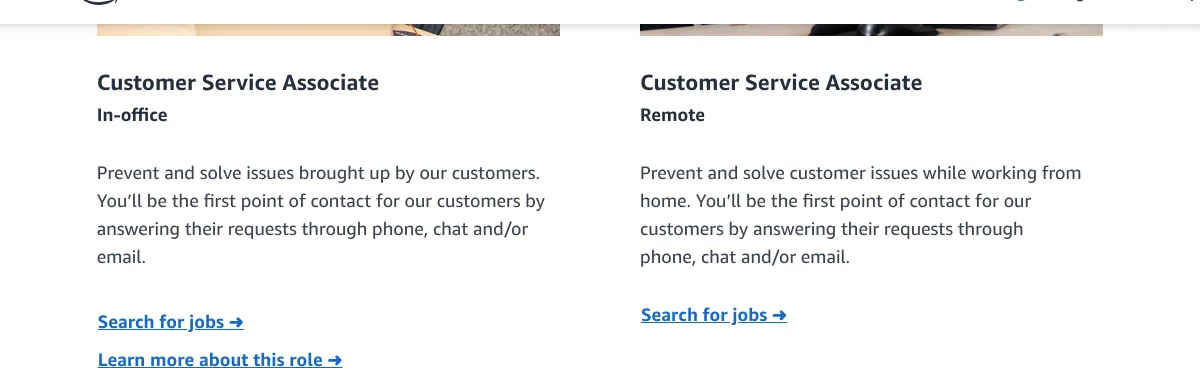 Amazon jobs page listing a remote Customer Service Associate role working from home