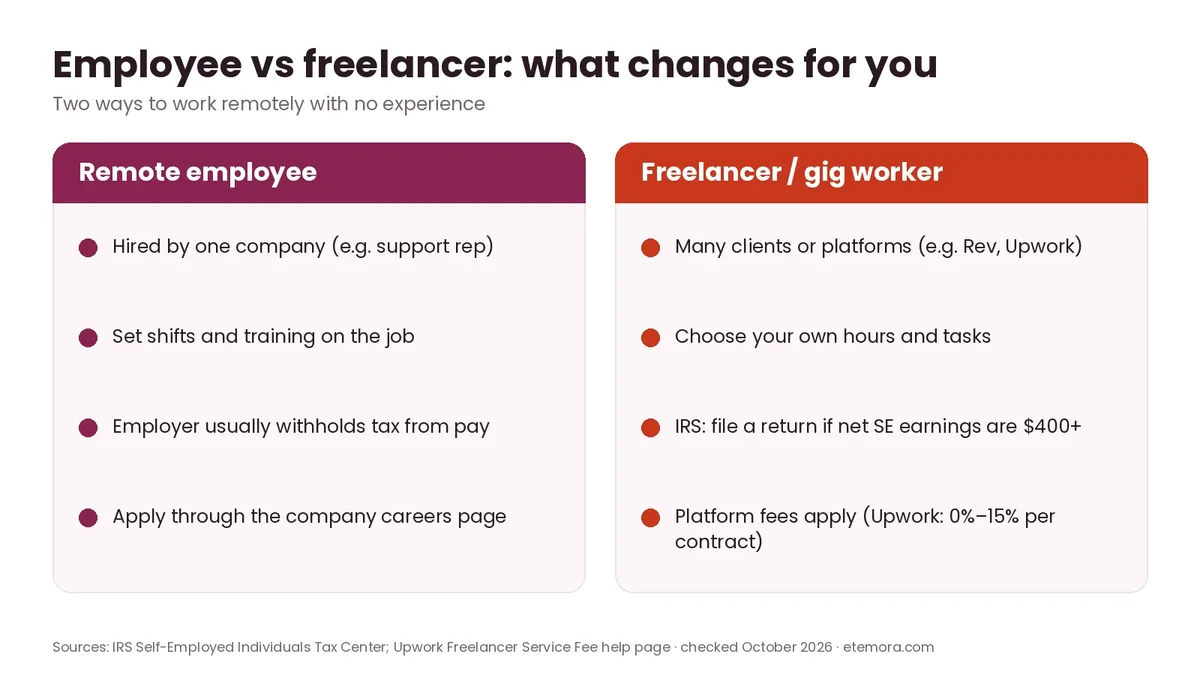 Remote employee vs freelancer comparison covering hiring, schedule, taxes and platform fees