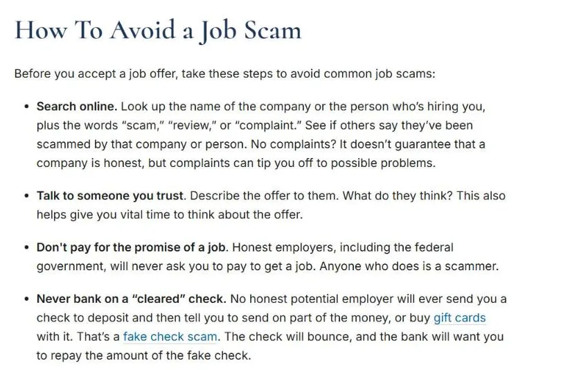 FTC How To Avoid a Job Scam advice: search online, talk to someone, never pay for a job, never bank on a cleared check