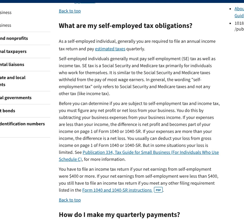 IRS self-employed tax center explaining the $400 net earnings filing rule and quarterly estimated tax