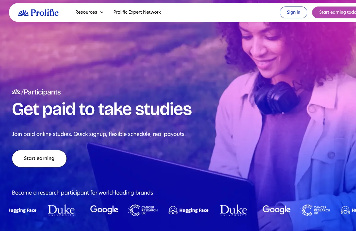 Prolific participants page saying get paid to take studies with a flexible schedule