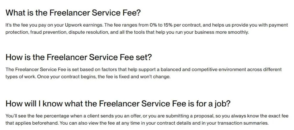 Upwork help page saying the Freelancer Service Fee ranges from 0% to 15% per contract