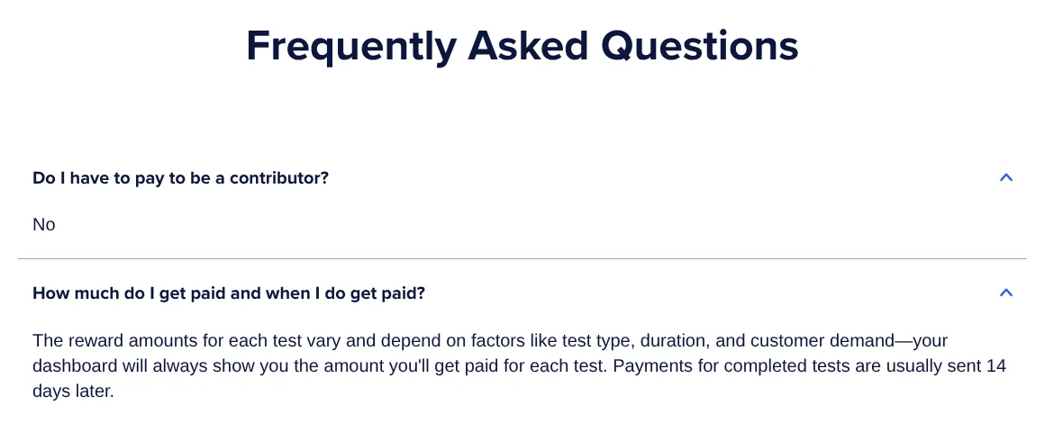 UserTesting FAQ saying contributors do not pay to join and payments are usually sent 14 days later