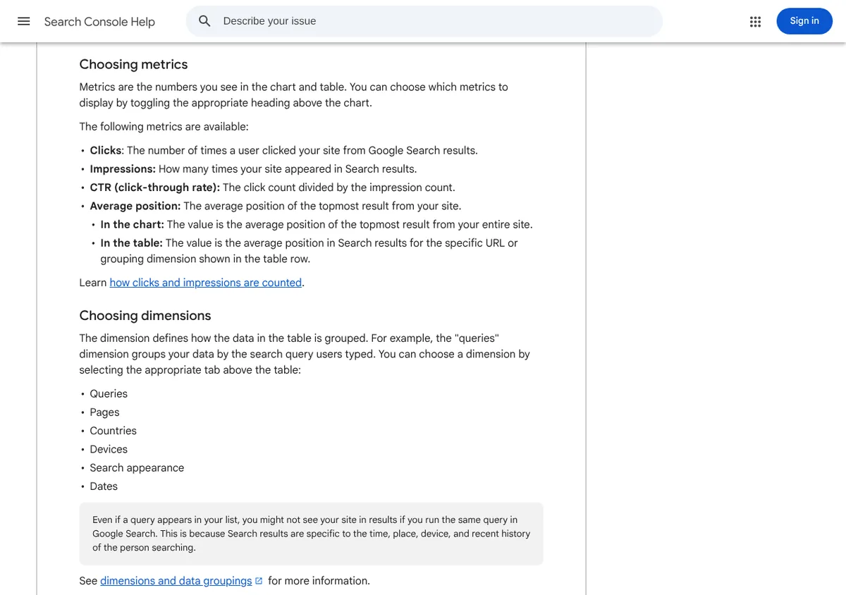 Search Console Help page defining SEO performance metrics: clicks, impressions, CTR and average position