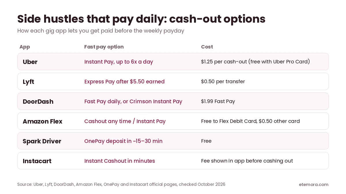 Side hustles that pay daily: cash-out speed and fees for Uber, Lyft, DoorDash, Amazon Flex, Spark Driver and Instacart