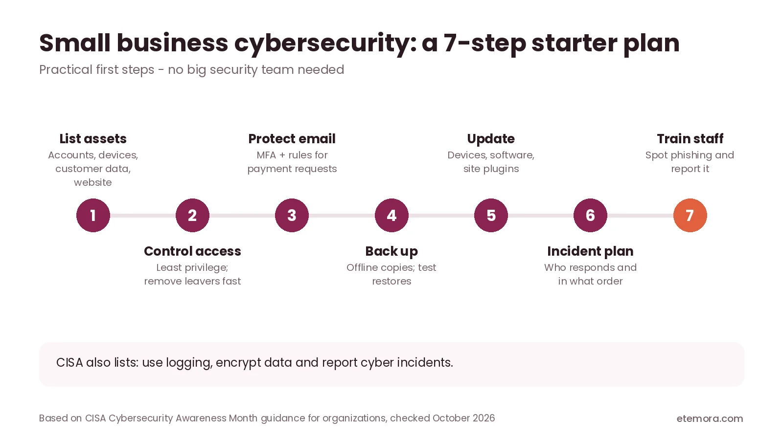 Small business cybersecurity plan in 7 steps: assets, access, email, backups, updates, incident plan and training
