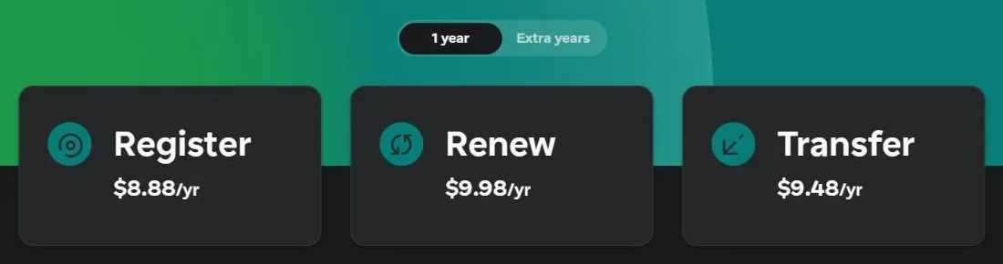Spaceship .com domain pricing: register $8.88, renew $9.98, transfer $9.48 per year