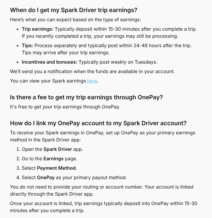OnePay help page for Spark Driver earnings showing trip earnings within 15 to 30 minutes and tips within 24 to 48 hours
