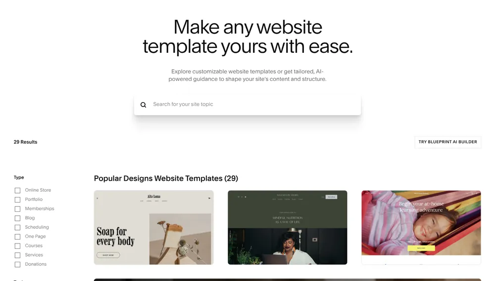 Squarespace website templates page with filters for online store, portfolio, memberships, blog and scheduling