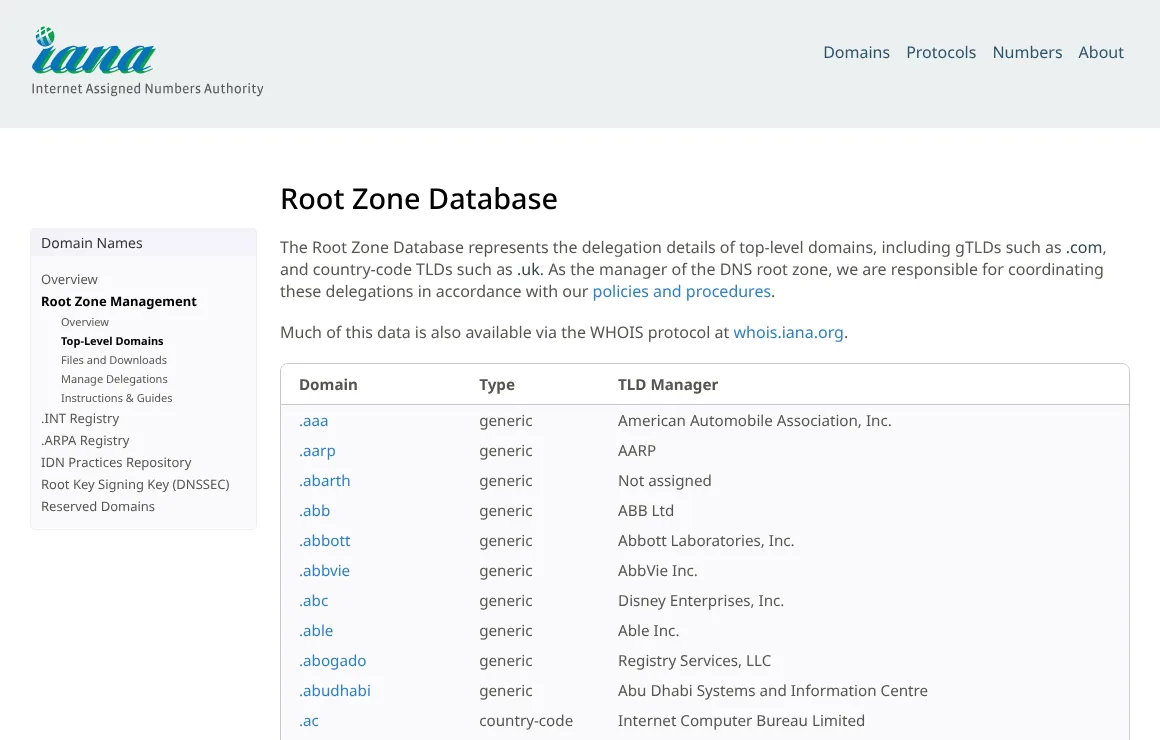 IANA Root Zone Database listing top-level domains with type and TLD manager